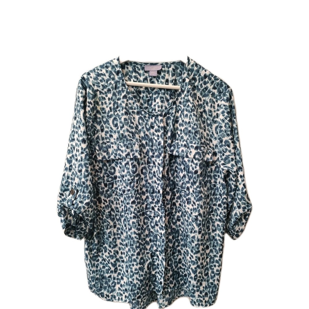 Laura Scott Blue Leopard Print Button Up Shirt‎ Blouse Sz 1X Career Roll Sleeve